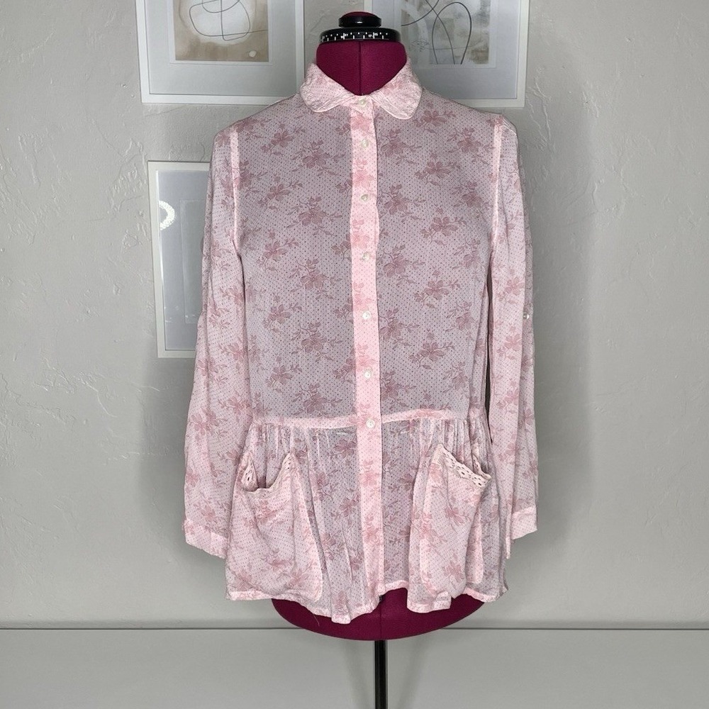 April Cornell Tunic Top Womens XS Pink Floral Polka Dot Lace Trim‎ Peplum Rayon